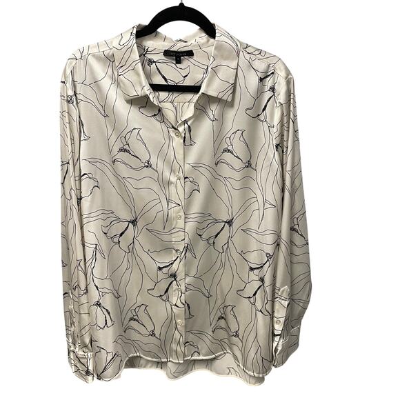 St. John Ivory Black Floral Print Silk Blend Long Sleeve Button Up Womens 18 - Picture 1 of 8